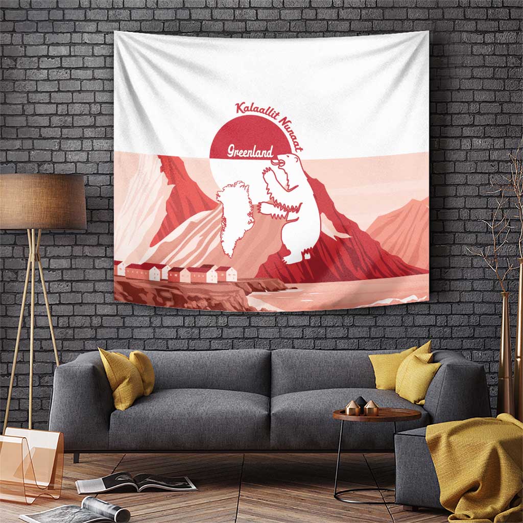Greenland tapestry with white field, red circular crest, and stylized mountains