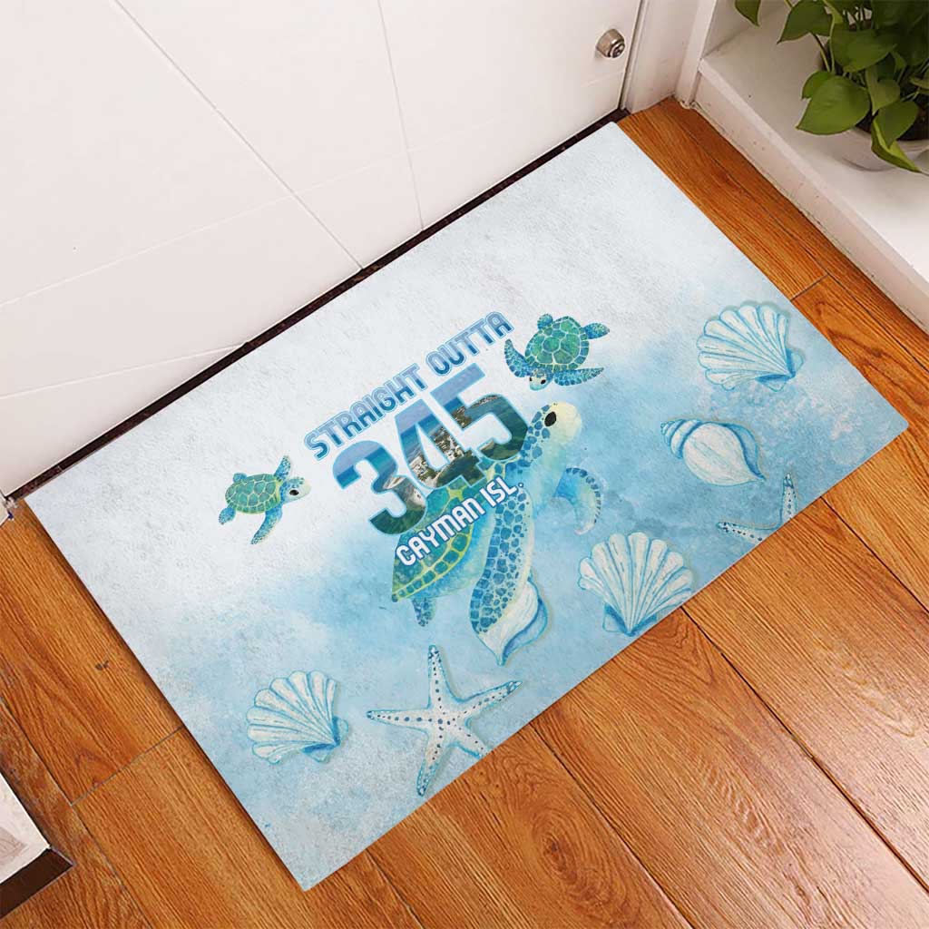 Rectangular blue rubber doormat with sea turtle and shell watercolor pattern