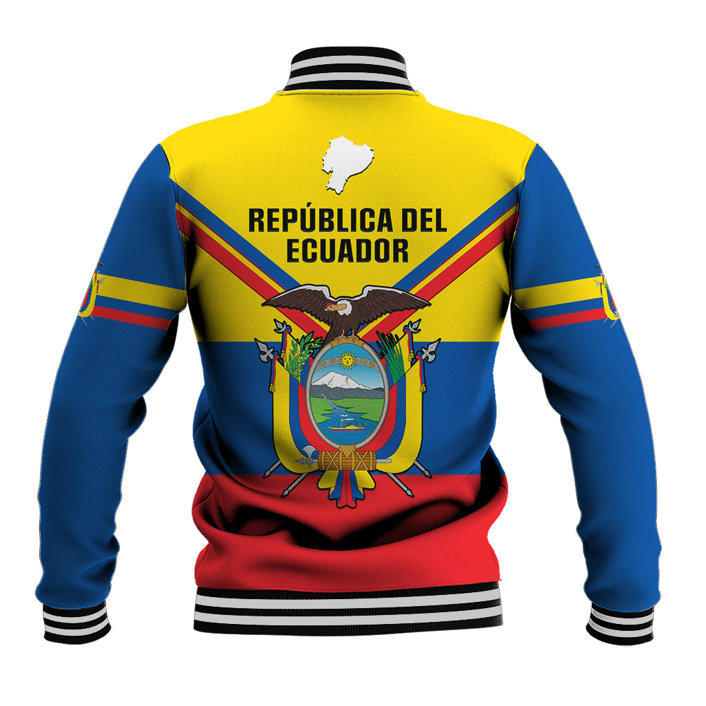 Yellow varsity jacket back with Ecuador crest text, red hem, blue sleeves, striped cuffs