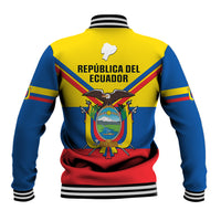 Yellow varsity jacket back with Ecuador crest text, red hem, blue sleeves, striped cuffs