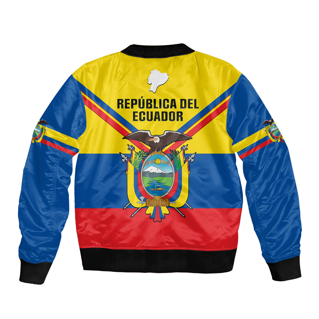 Yellow, blue, and red bomber jacket with ribbed hem, back crest and text graphic