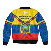 Yellow, blue, and red bomber jacket with ribbed hem, back crest and text graphic