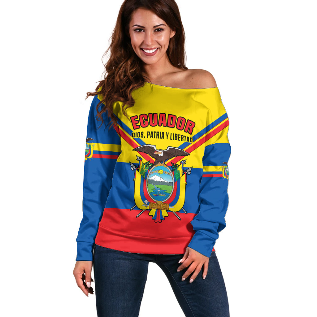 Ecuador Off Shoulder Sweater Ecuadorian Coat Of Arms Yellow Version - Wonder Print Shop