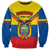 Unisex yellow sweatshirt with blue sleeves, red hem, Ecuador coat of arms graphic