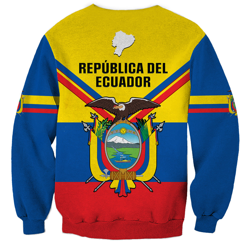 Unisex yellow sweatshirt with blue sleeves, red hem, REPUBLICA DEL ECUADOR back print