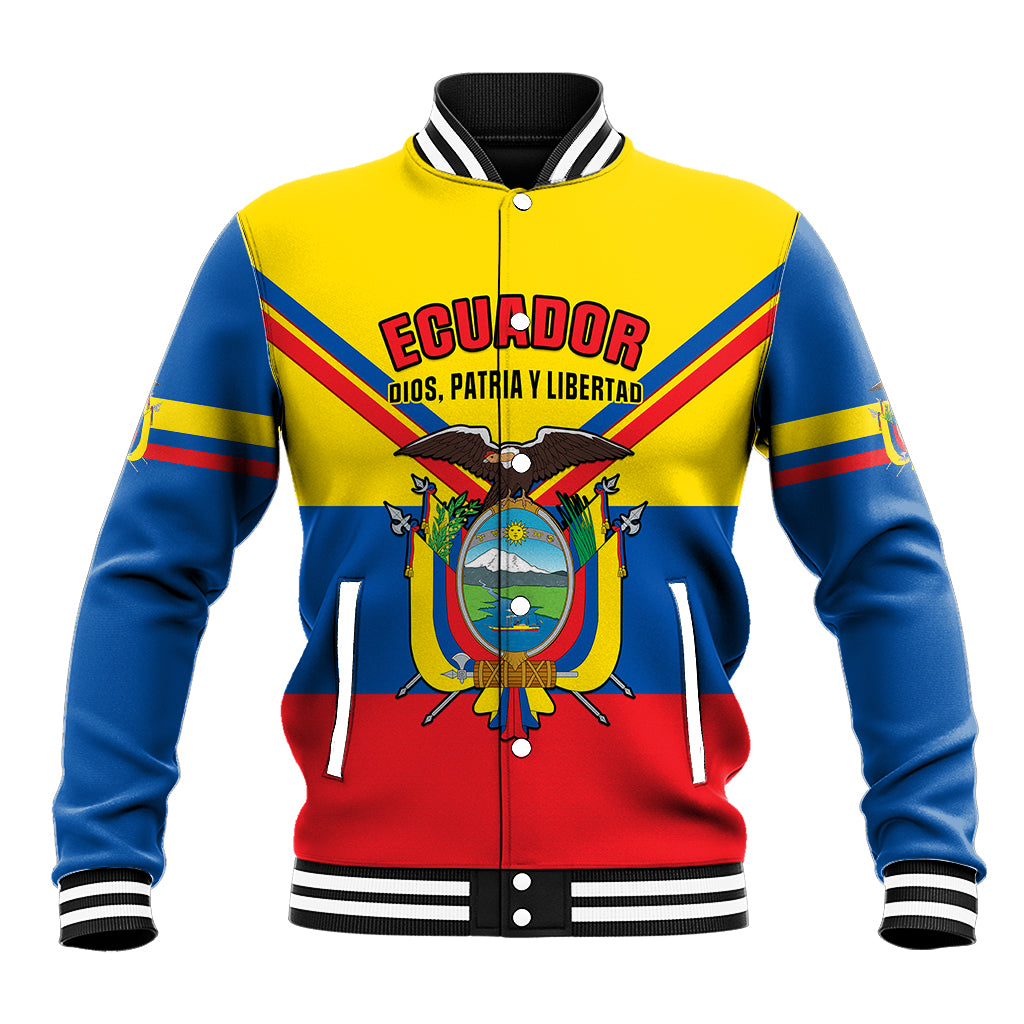 Men's Ecuador baseball jacket, yellow and blue with red stripe, zip front, ribbed trim.