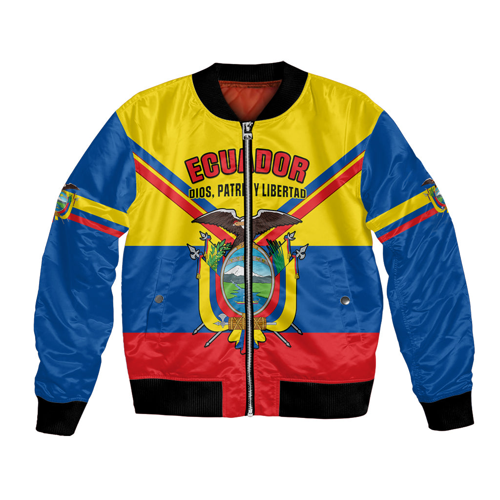 Yellow, blue and red bomber jacket with front zip and Ecuador coat of arms graphic