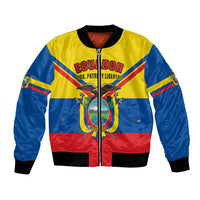 Yellow, blue and red bomber jacket with front zip and Ecuador coat of arms graphic