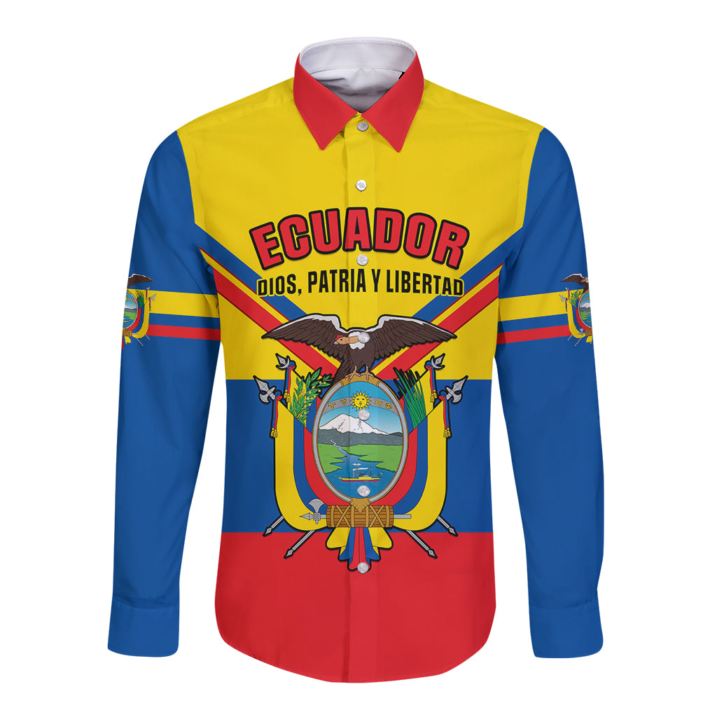 Yellow long-sleeve button shirt with Ecuador crest graphic, red collar and blue sleeves.