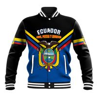 Black and blue unisex baseball jacket with Ecuador crest, striped sleeves, ribbed collar.