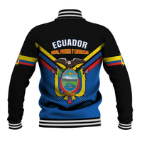 Black and blue varsity baseball jacket with Ecuador text and crest, striped back yoke.