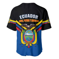 Black and blue baseball jersey back with Ecuador wordmark and coat of arms graphic