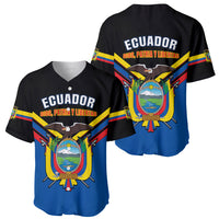 Two black and blue baseball jerseys with Ecuador wordmark and coat of arms graphics