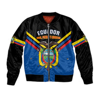 Black and blue bomber jacket with Ecuador crest, stripes, and zip front