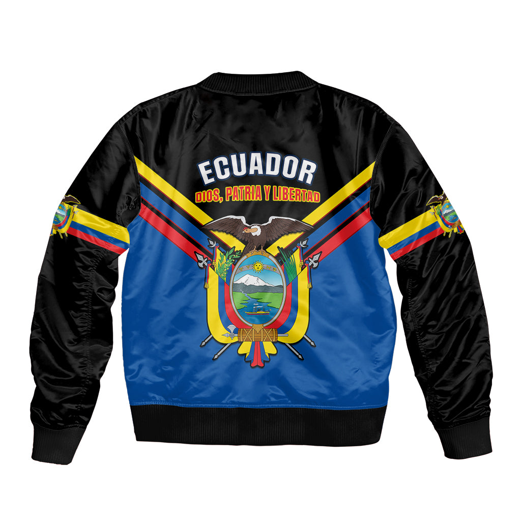 Blue bomber jacket with Ecuador crest on back and multicolor stripe sleeves