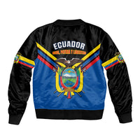 Blue bomber jacket with Ecuador crest on back and multicolor stripe sleeves