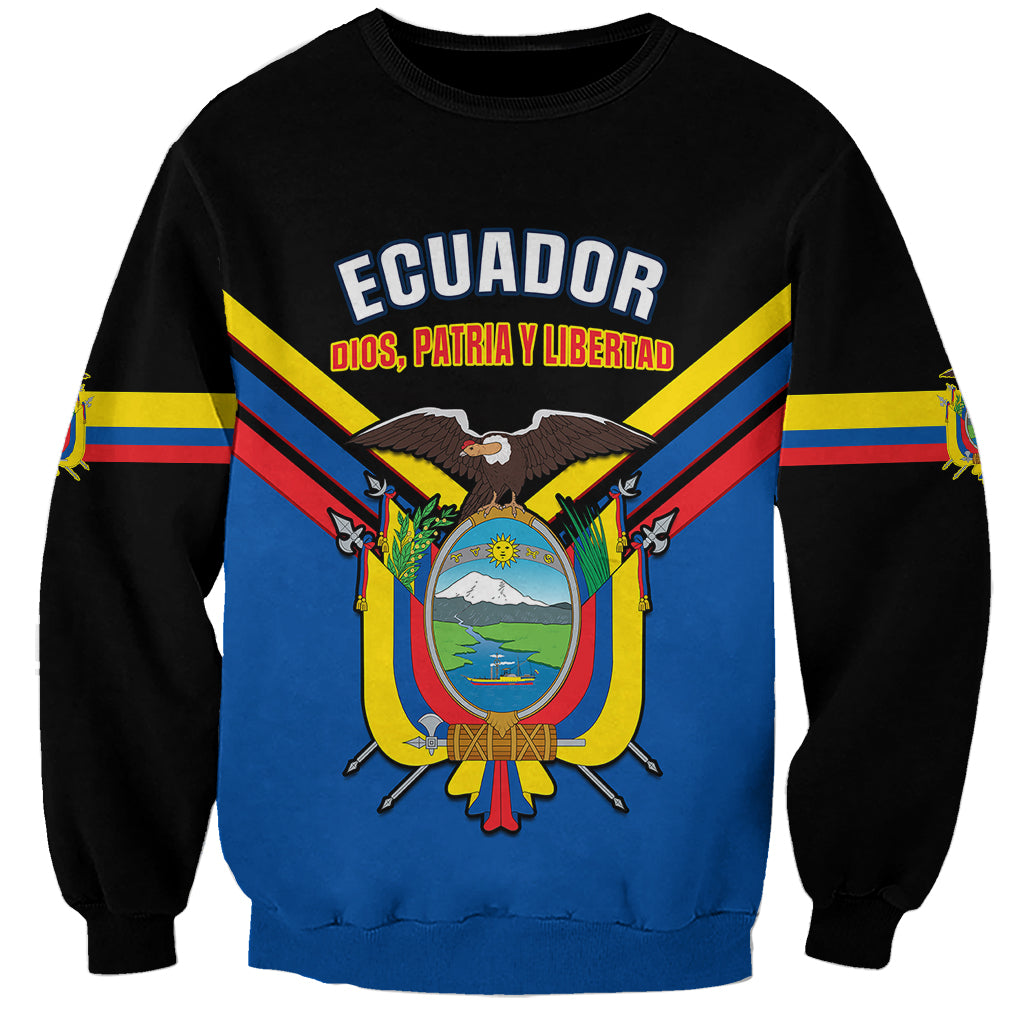 Black crewneck sweatshirt with Ecuador coat of arms graphic and long sleeves