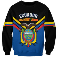 Black crewneck sweatshirt with Ecuador coat of arms graphic and long sleeves
