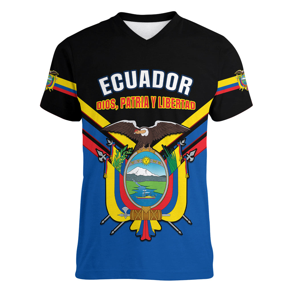 Ecuador Women V Neck T Shirt Ecuadorian Coat Of Arms Black Version - Wonder Print Shop