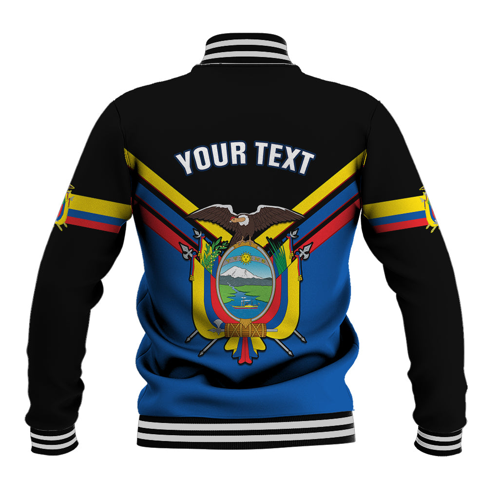 Black baseball varsity jacket back with 'YOUR TEXT', Ecuador crest and striped sleeves