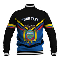 Black baseball varsity jacket back with 'YOUR TEXT', Ecuador crest and striped sleeves