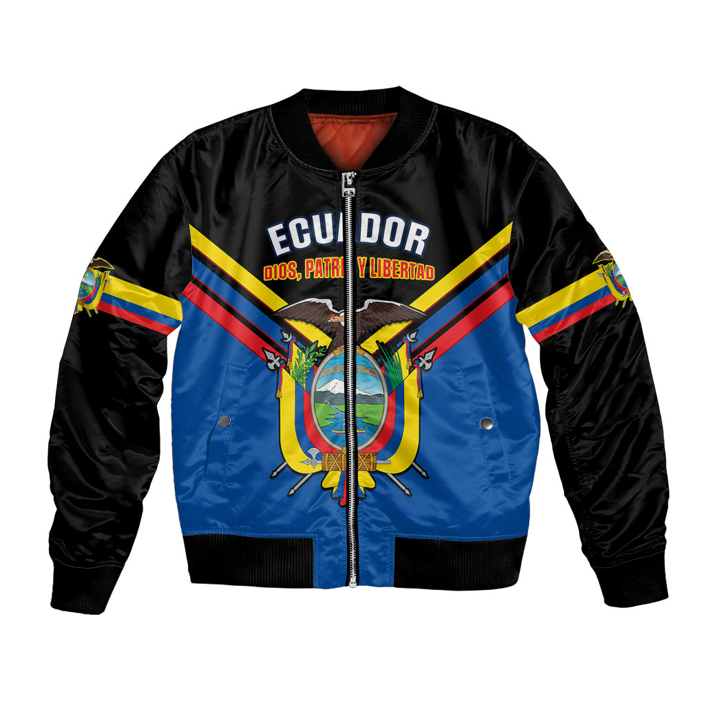 Black and blue bomber jacket with Ecuador crest, stripes, and front zipper