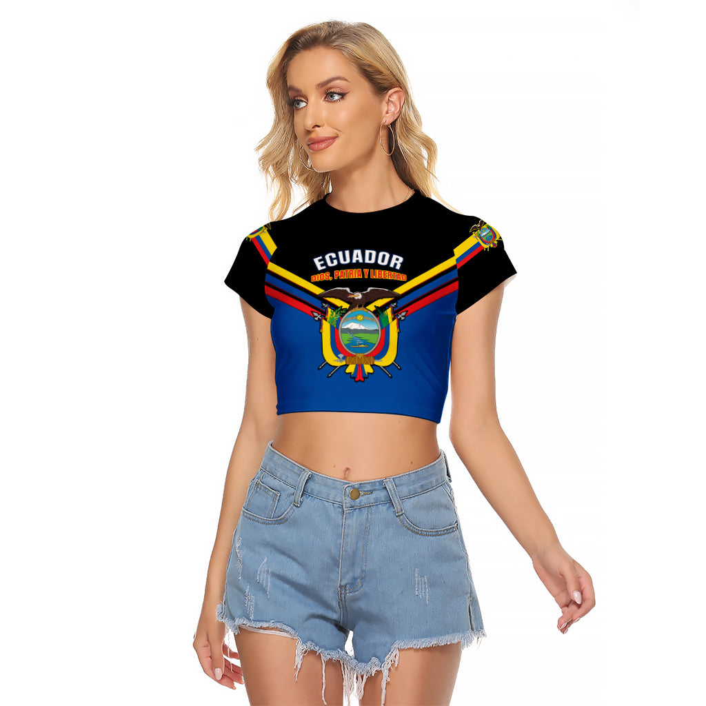 Personalised Ecuador Raglan Cropped T Shirt Ecuadorian Coat Of Arms Black Version - Wonder Print Shop