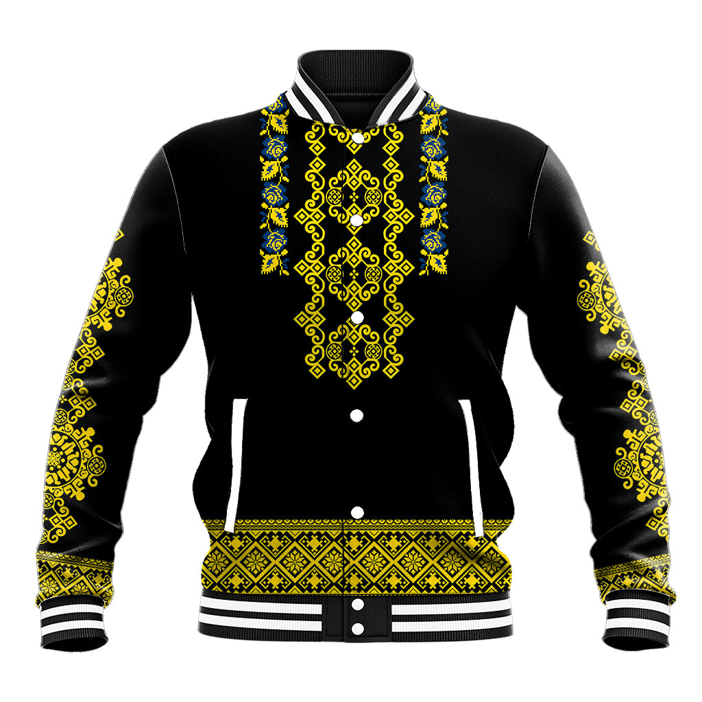 Black baseball jacket with blue and yellow folk embroidery, ribbed collar, button front