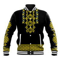 Black baseball jacket with blue and yellow folk embroidery, ribbed collar, button front