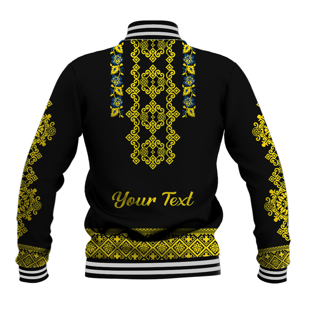 Black baseball jacket back with blue and yellow folk pattern and 'Your Text' print, rib cuffs
