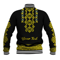 Black baseball jacket back with blue and yellow folk pattern and 'Your Text' print, rib cuffs