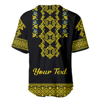 Back of black baseball jersey with yellow and blue folk pattern and 'Your Text' print