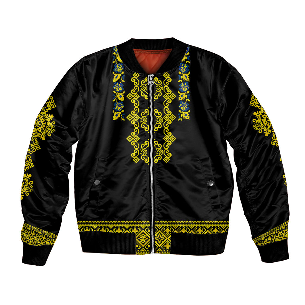 Black bomber jacket with Ukrainian folk embroidery, front zip and ribbed cuffs