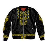 Black bomber jacket with Ukrainian folk embroidery, front zip and ribbed cuffs