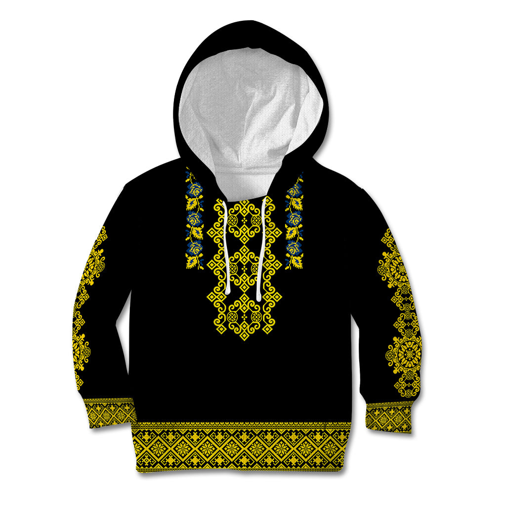 Personalised Ukraine Kid Hoodie Black Ukrainian Folk Pattern - Wonder Print Shop