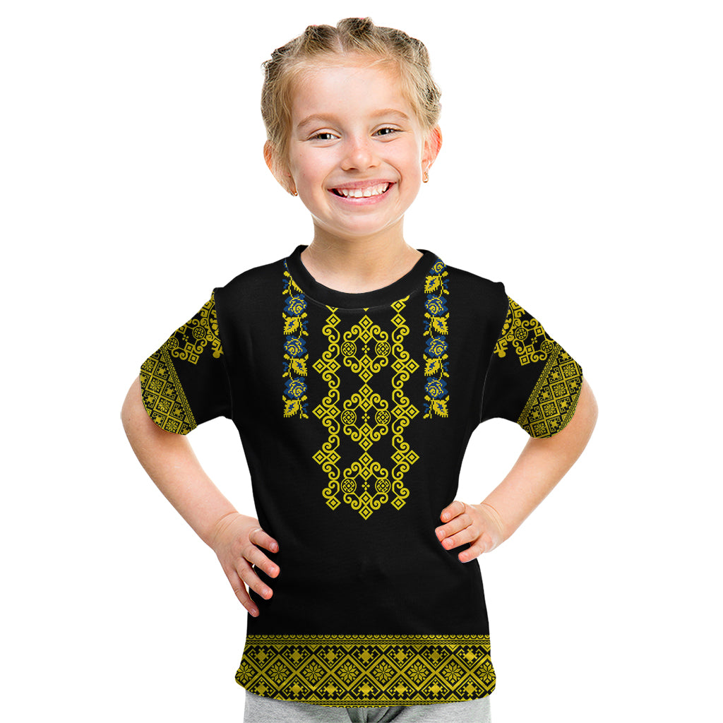 Personalised Ukraine Kid T Shirt Black Ukrainian Folk Pattern - Wonder Print Shop