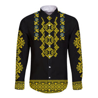 Black long-sleeve button shirt with Ukrainian folk pattern yoke, yellow and blue