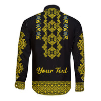 Black long-sleeve button shirt back with yellow-blue folk pattern and Your Text print