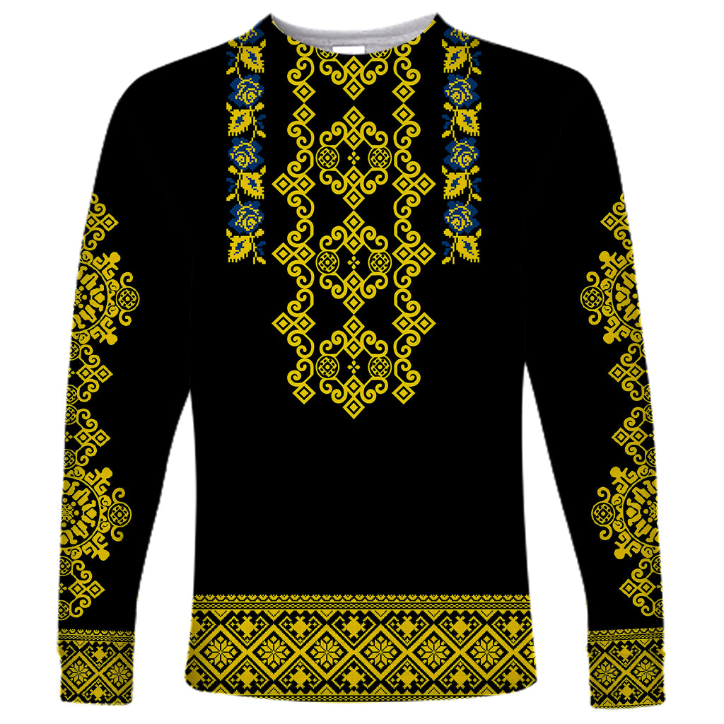 Personalised Ukraine Long Sleeve Shirt Black Ukrainian Folk Pattern - Wonder Print Shop