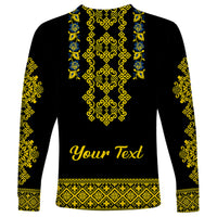 Black long-sleeve shirt with folk pattern and Your Text graphic on front