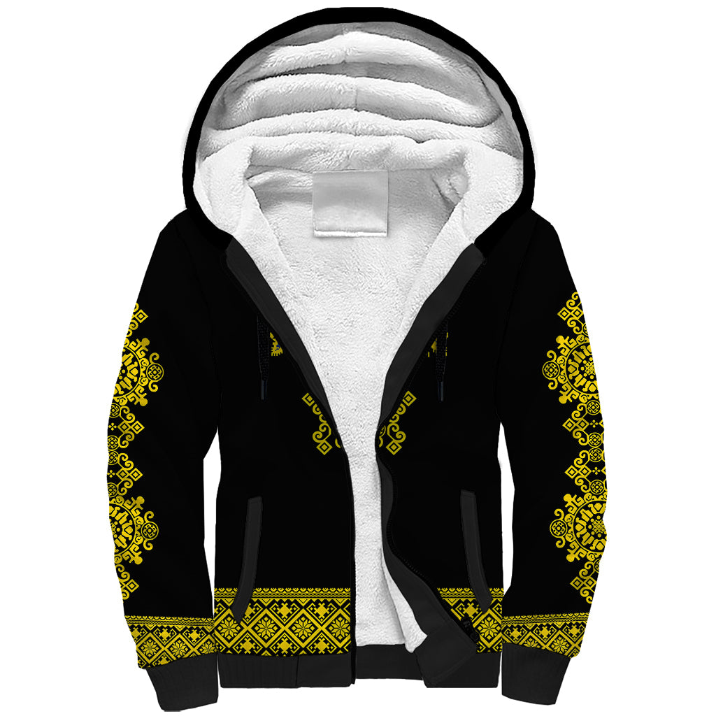 Personalised Ukraine Sherpa Hoodie Black Ukrainian Folk Pattern - Wonder Print Shop