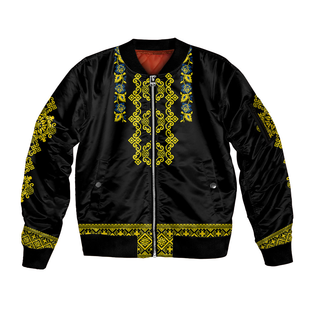 personalised-ukraine-sleeve-zip-bomber-jacket-black-ukrainian-folk-pattern