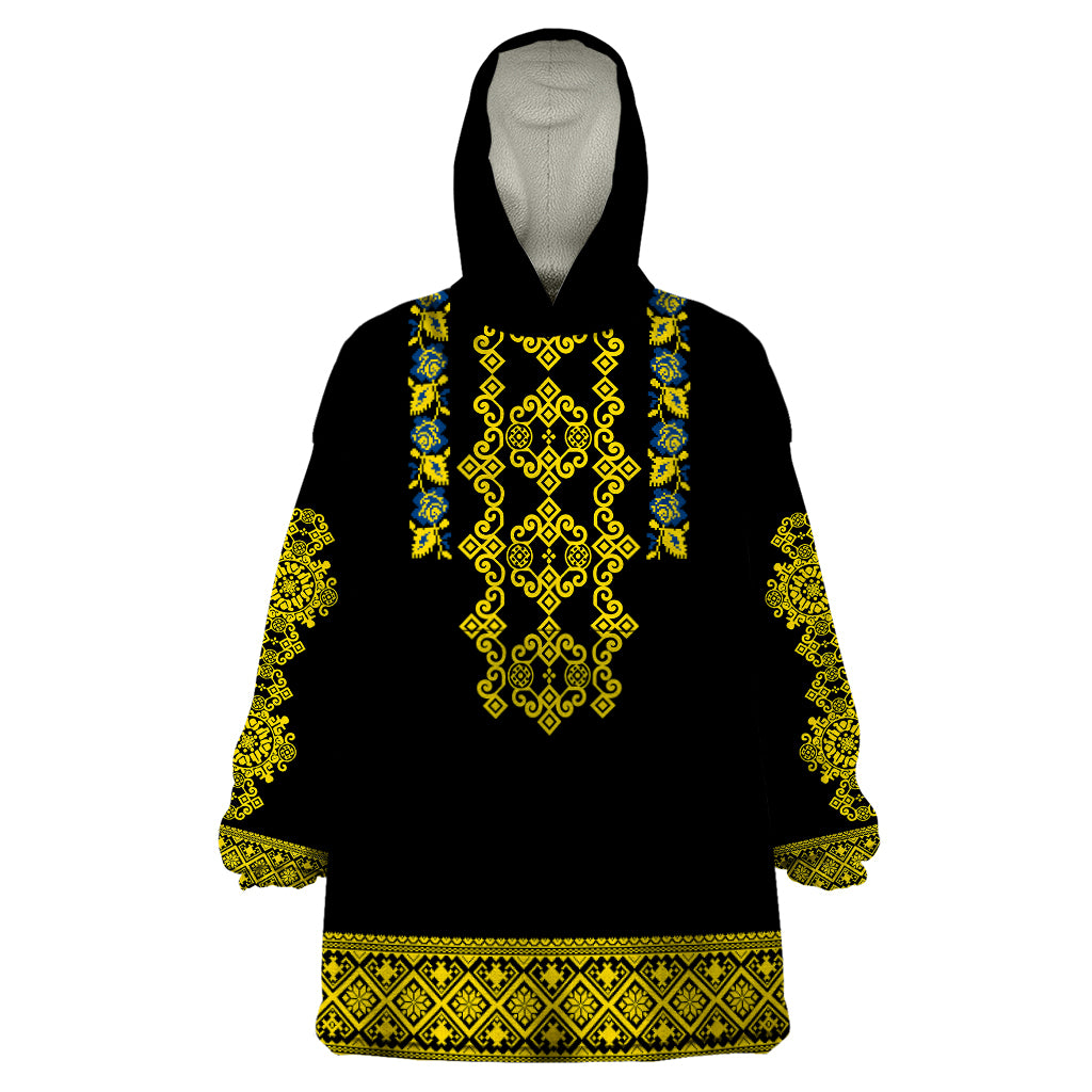 personalised-ukraine-wearable-blanket-hoodie-black-ukrainian-folk-pattern