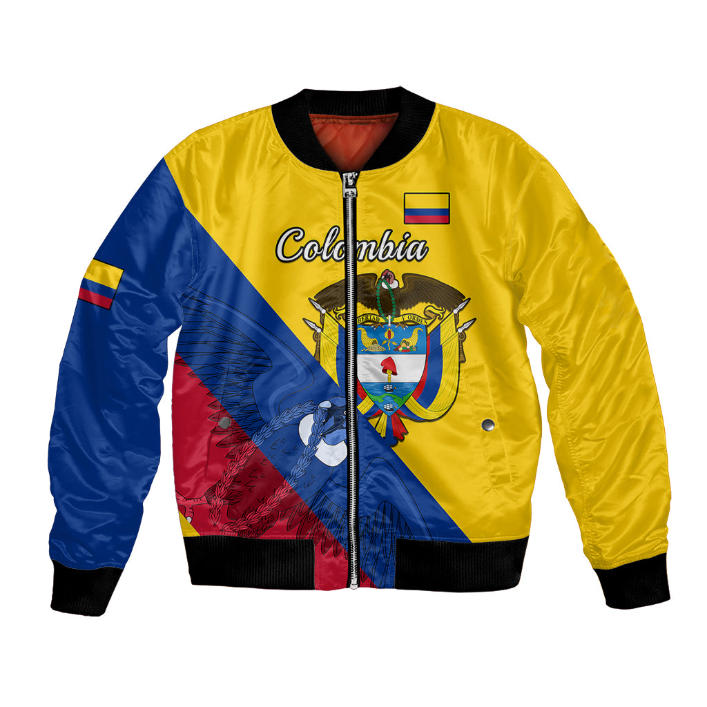 Yellow bomber jacket with Colombia crest and Andean condor, front zipper and ribbed cuffs