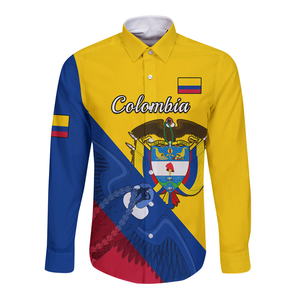 Yellow long-sleeve button-up shirt with Colombia crest and Andean condor graphic