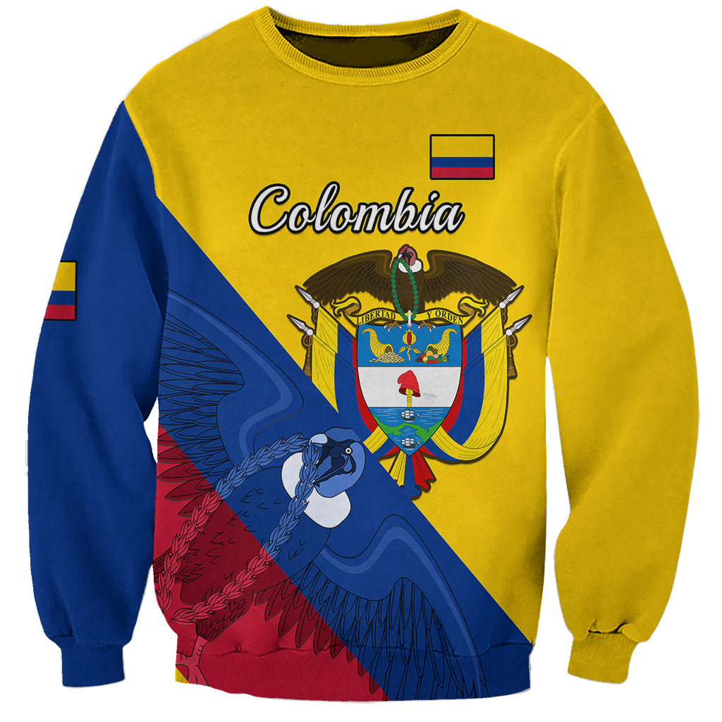 Unisex yellow sweatshirt with Colombia crest and Andean condor front, blue and red diagonal