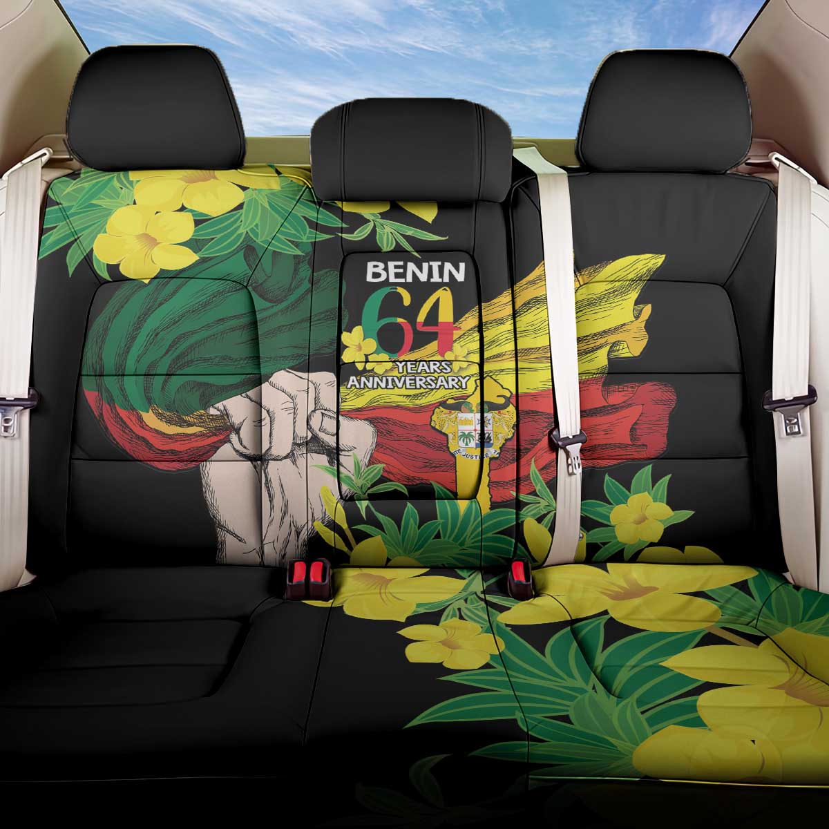 Benin National Day Back Car Seat Cover Happy 64th Independence Anniversary Yellow Allamanda - Wonder Print Shop