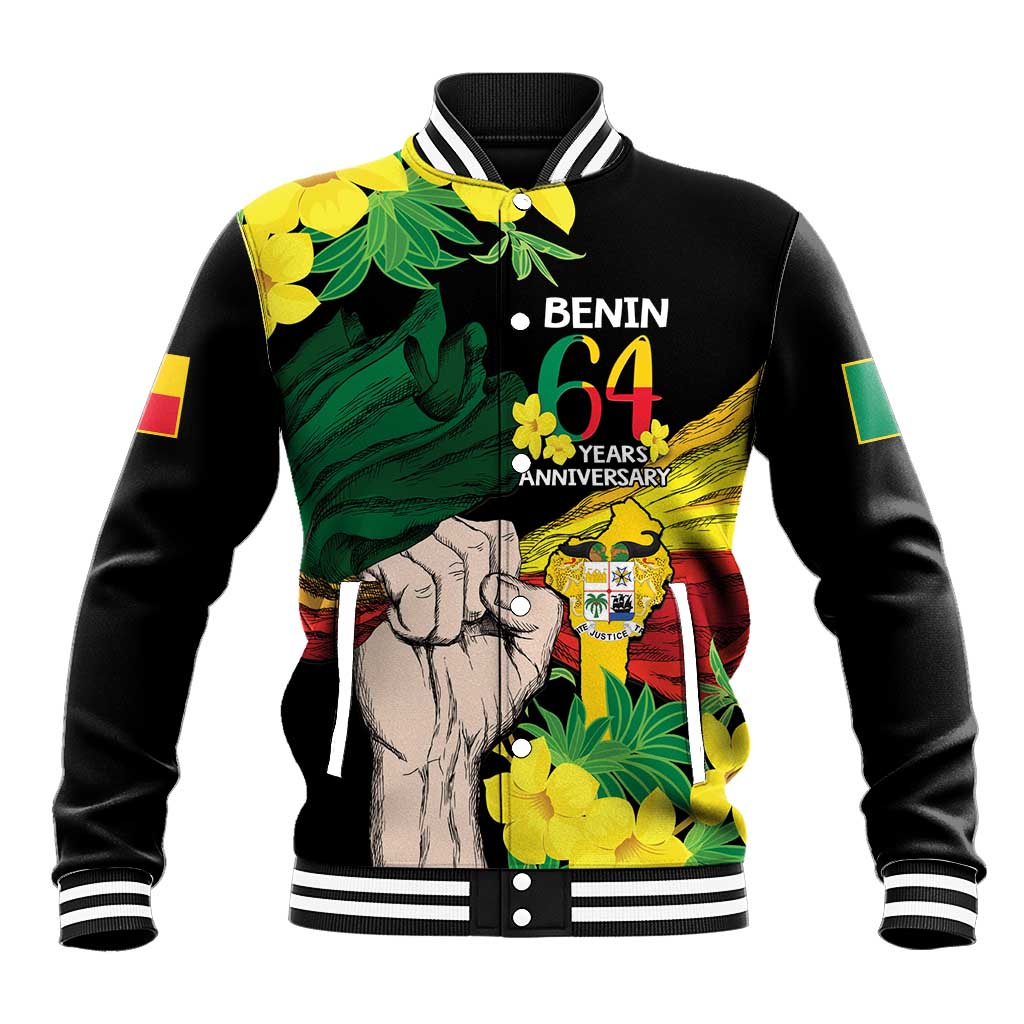 Black baseball jacket with yellow, green, and red front graphic; striped collar and cuffs
