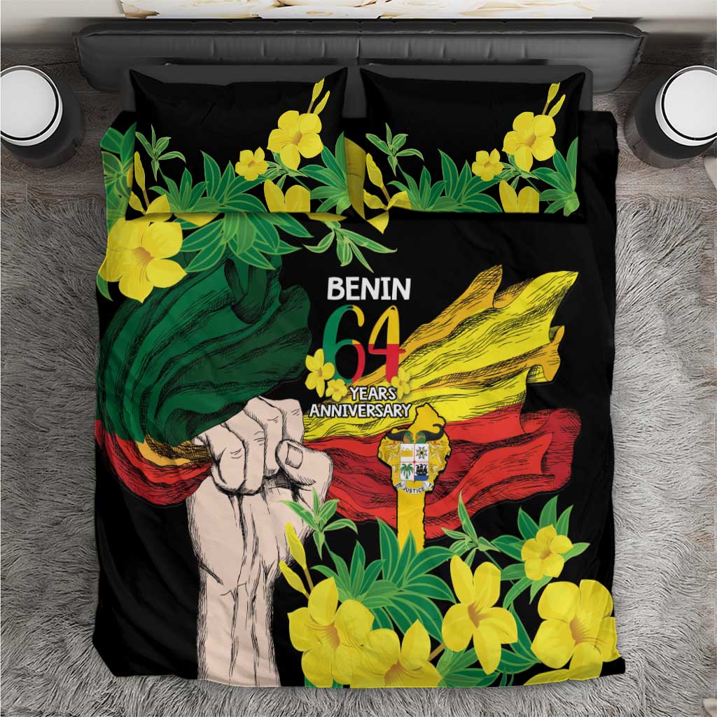 Black Benin Independence 64th anniversary bedding set with yellow floral pattern