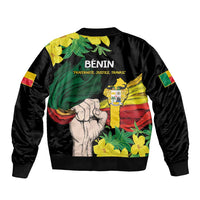 Black bomber jacket with ribbed cuffs and hem; Benin motto and green-yellow-red illustration
